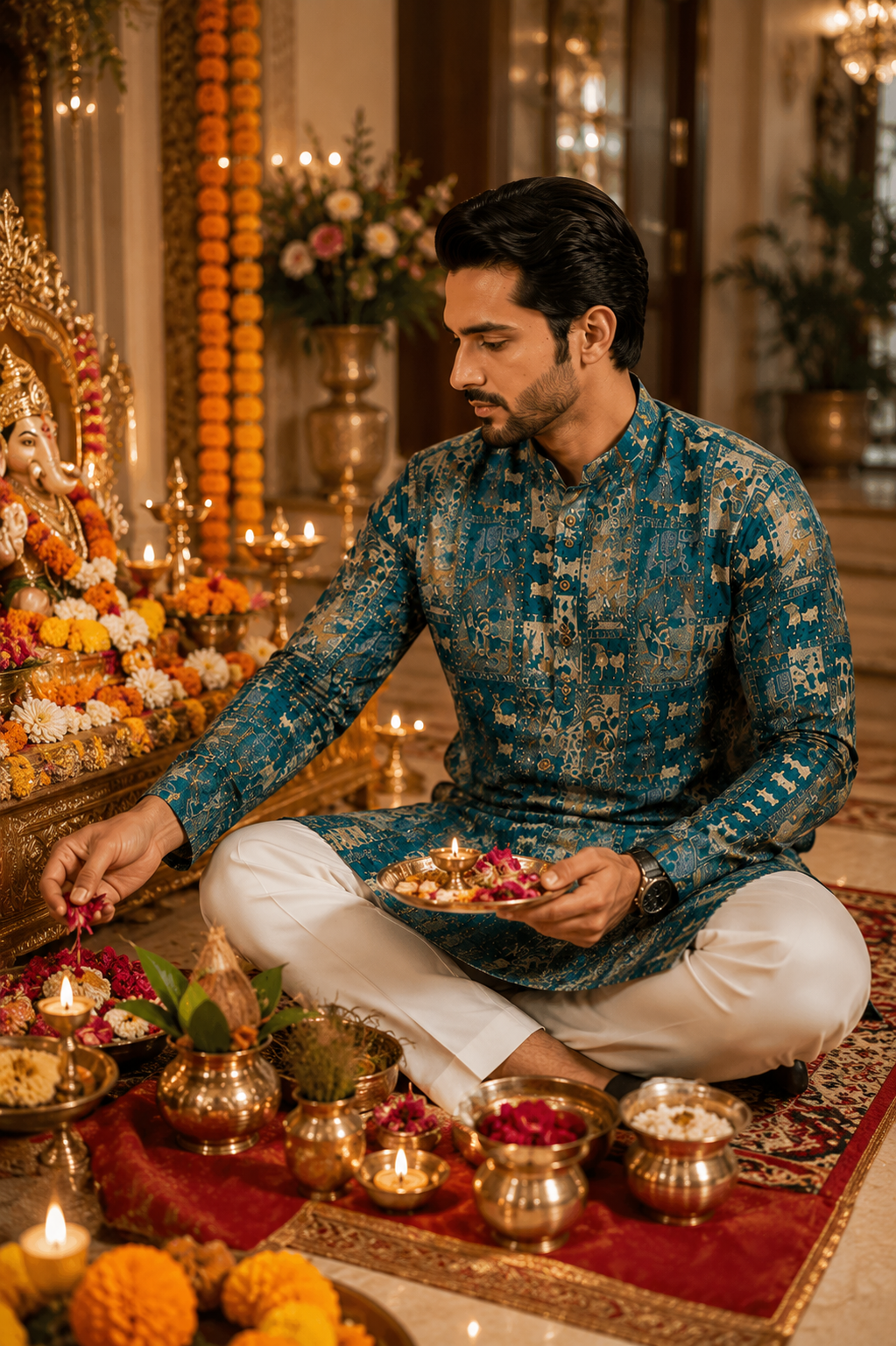 ShreeVastram Emerald Mythological Motif Brocade Kurta Set